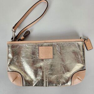 Coach Wristlet Metallic Silver Tan Leather Trim Clutch Bag